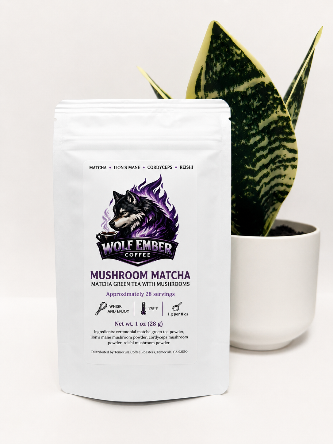 Wolf Ember Coffee ceremonial matcha with Lion's Mane, Cordyceps, and Reishi mushrooms in a white pouch with a white label