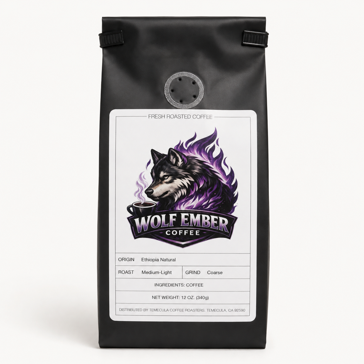 Wolf Ember Coffee Ethiopia Natural medium-light roast, coarse grind, 12 oz bag