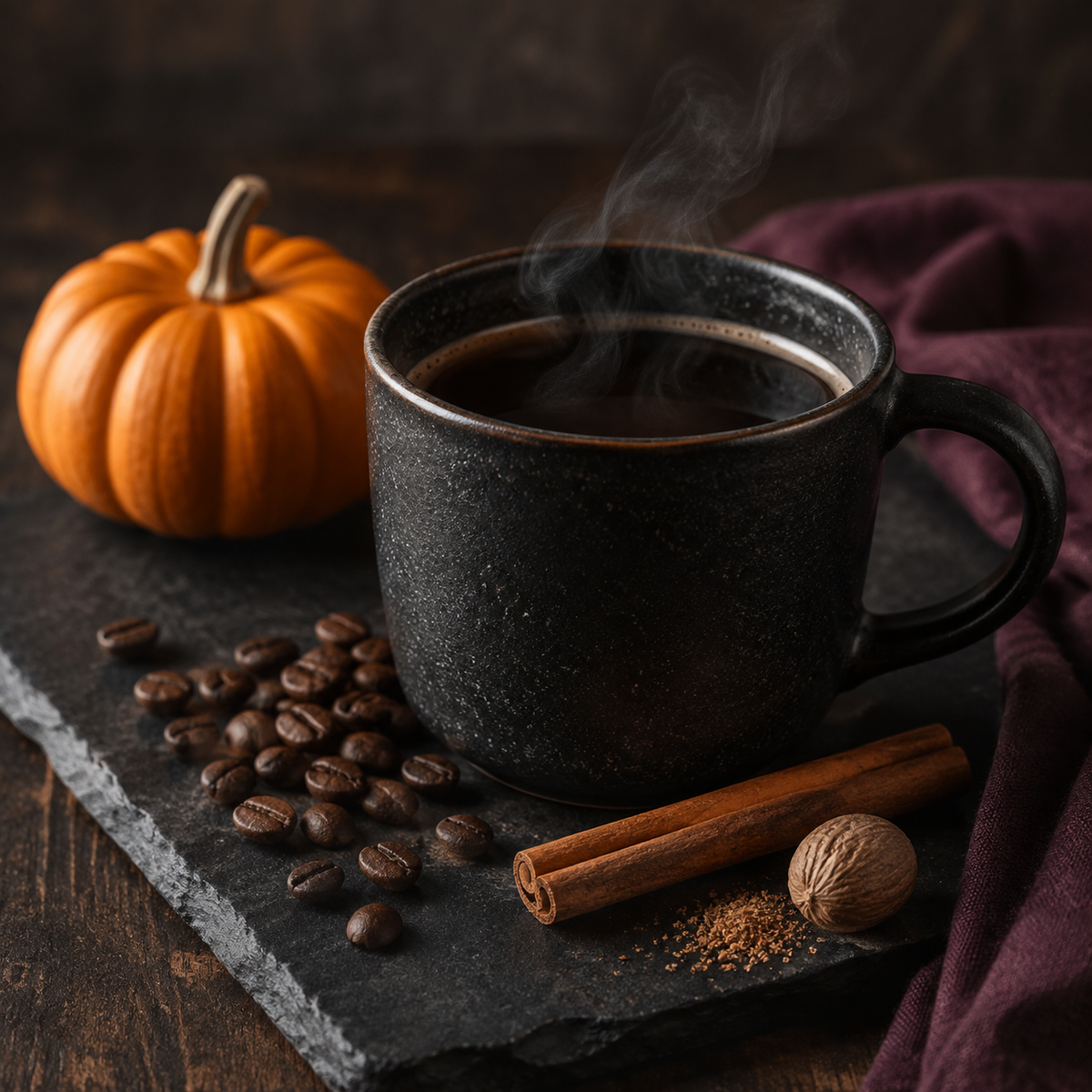 Wolf Ember Coffee Pumpkin Spice medium roast with brewed coffee, pumpkin, cinnamon, nutmeg, and coffee beans