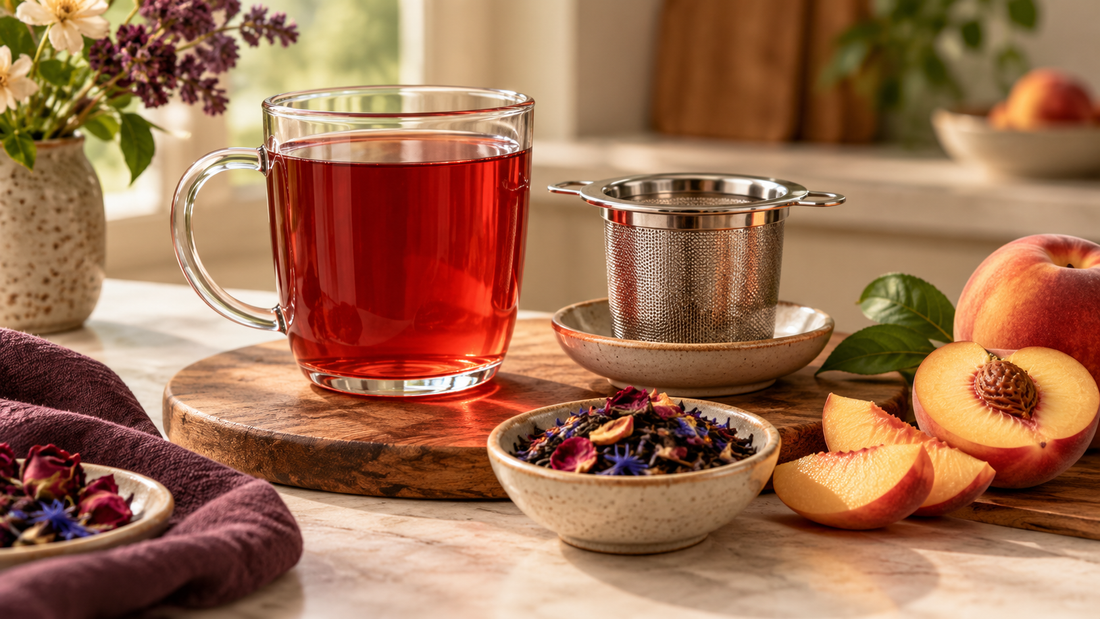 Peach Paradise loose-leaf tea with a basket infuser and fresh peaches
