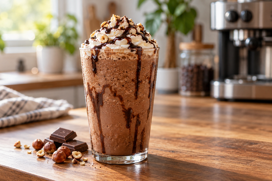 Chocolate hazelnut mocha frappé topped with whipped cream and chocolate drizzle in a home kitchen.