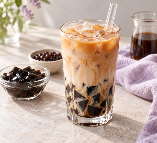 English Breakfast Brown Sugar Grass Jelly Milk Tea prepared according to the Wolf Ember recipe