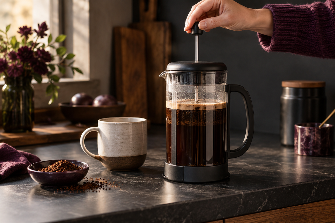 French press coffee brewing setup