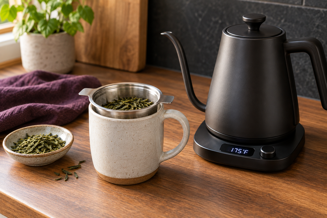 Tea brewed with a temperature-controlled kettle at 175 degrees Fahrenheit