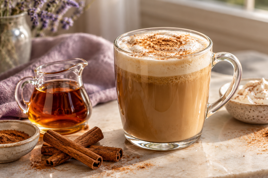 Maple cinnamon coffee latte with foam, cinnamon and maple syrup