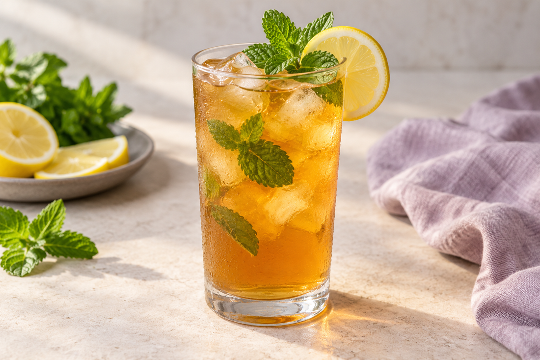 Moroccan Mint Honey Lemon Iced Tea prepared according to the Wolf Ember recipe