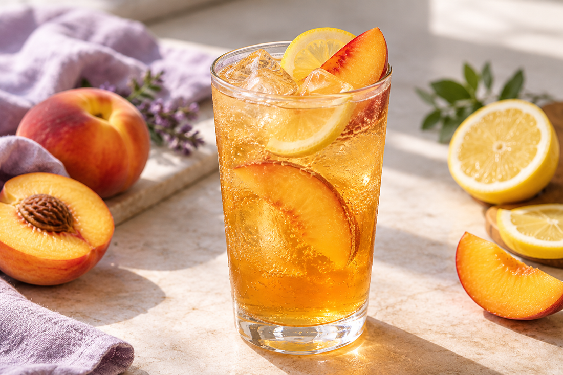 Peach Paradise Sparkling Iced Tea prepared according to the Wolf Ember recipe