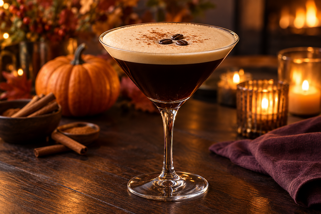 Pumpkin spice espresso martini with creamy foam, three coffee beans and cinnamon in a candlelit autumn setting.