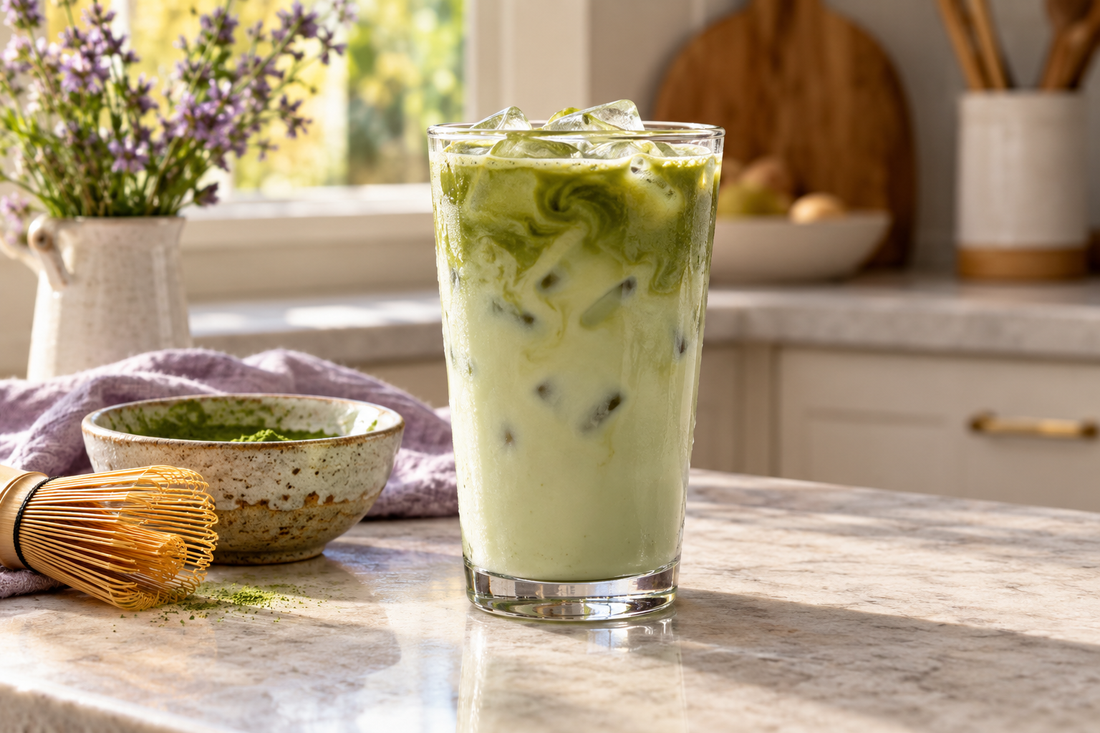 Vanilla iced matcha latte with ice in a clear glass beside a matcha bowl and bamboo whisk.