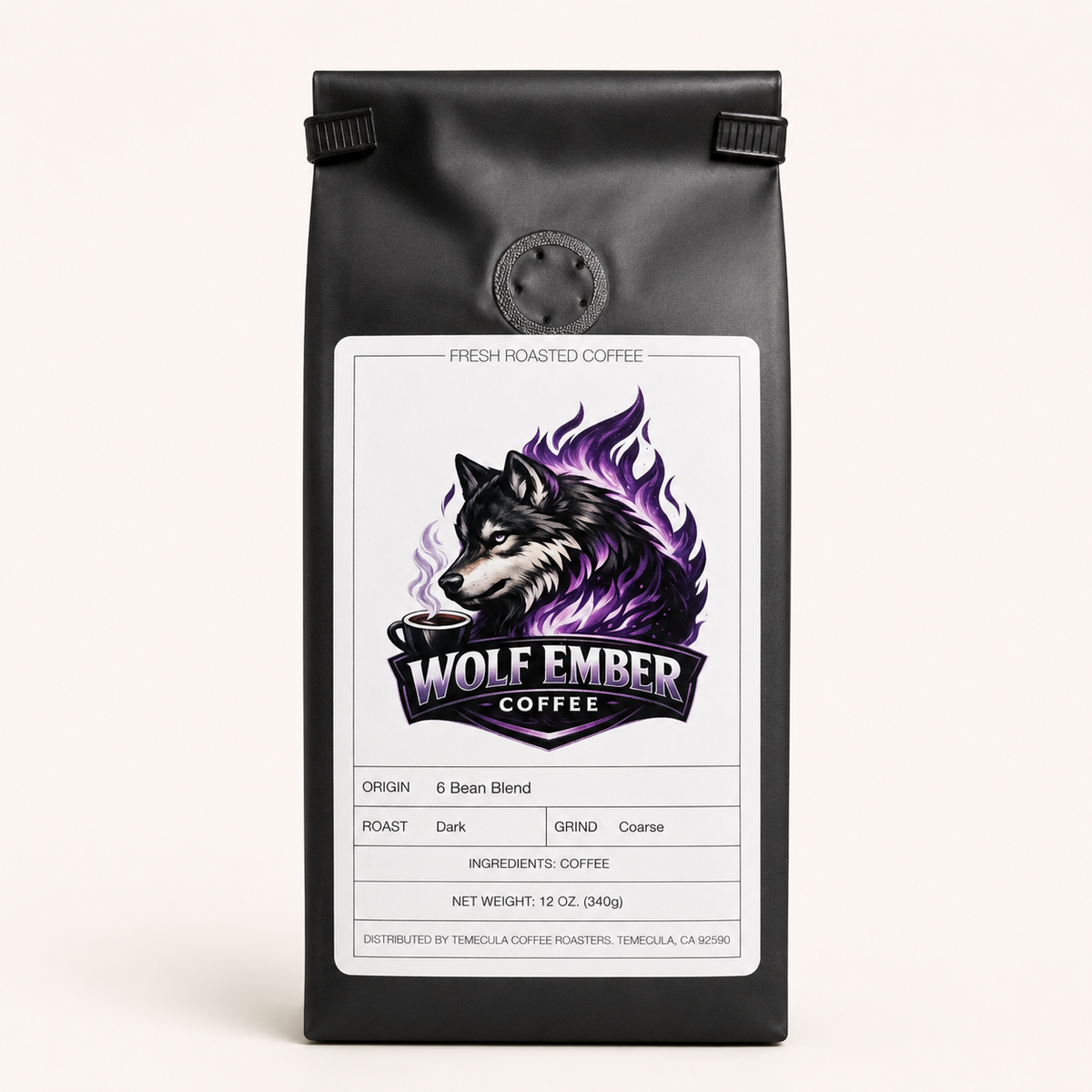 Wolf Ember Coffee 6 Bean Blend dark roast, coarse grind, 12 oz bag