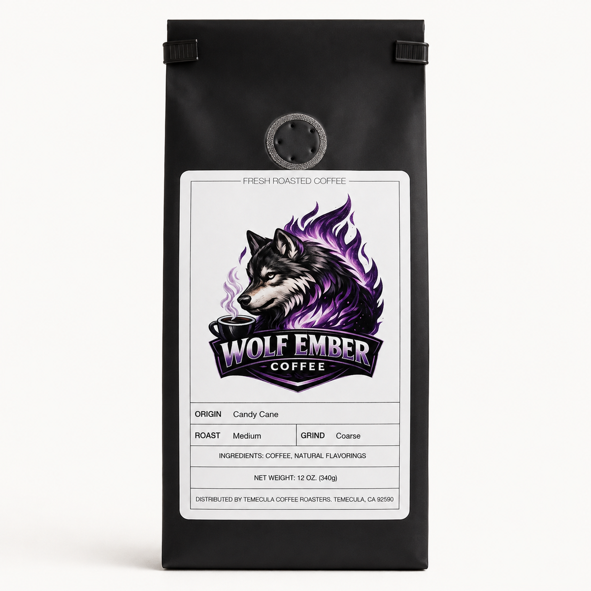 Wolf Ember Coffee Candy Cane flavored coffee, medium roast, coarse grind, 12 oz bag