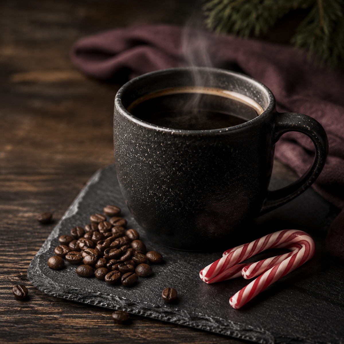 Wolf Ember Coffee Candy Cane flavored coffee with freshly brewed coffee, peppermint candy canes, and roasted coffee beans