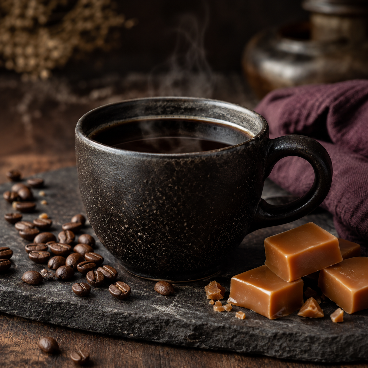 Wolf Ember Coffee Caramel medium roast with brewed coffee, artisan caramel pieces, and roasted coffee beans