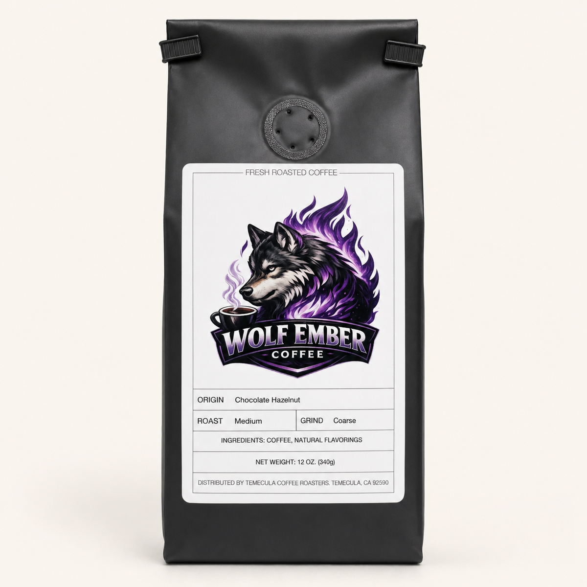 Wolf Ember Coffee Chocolate Hazelnut medium roast, coarse grind, 12 oz bag