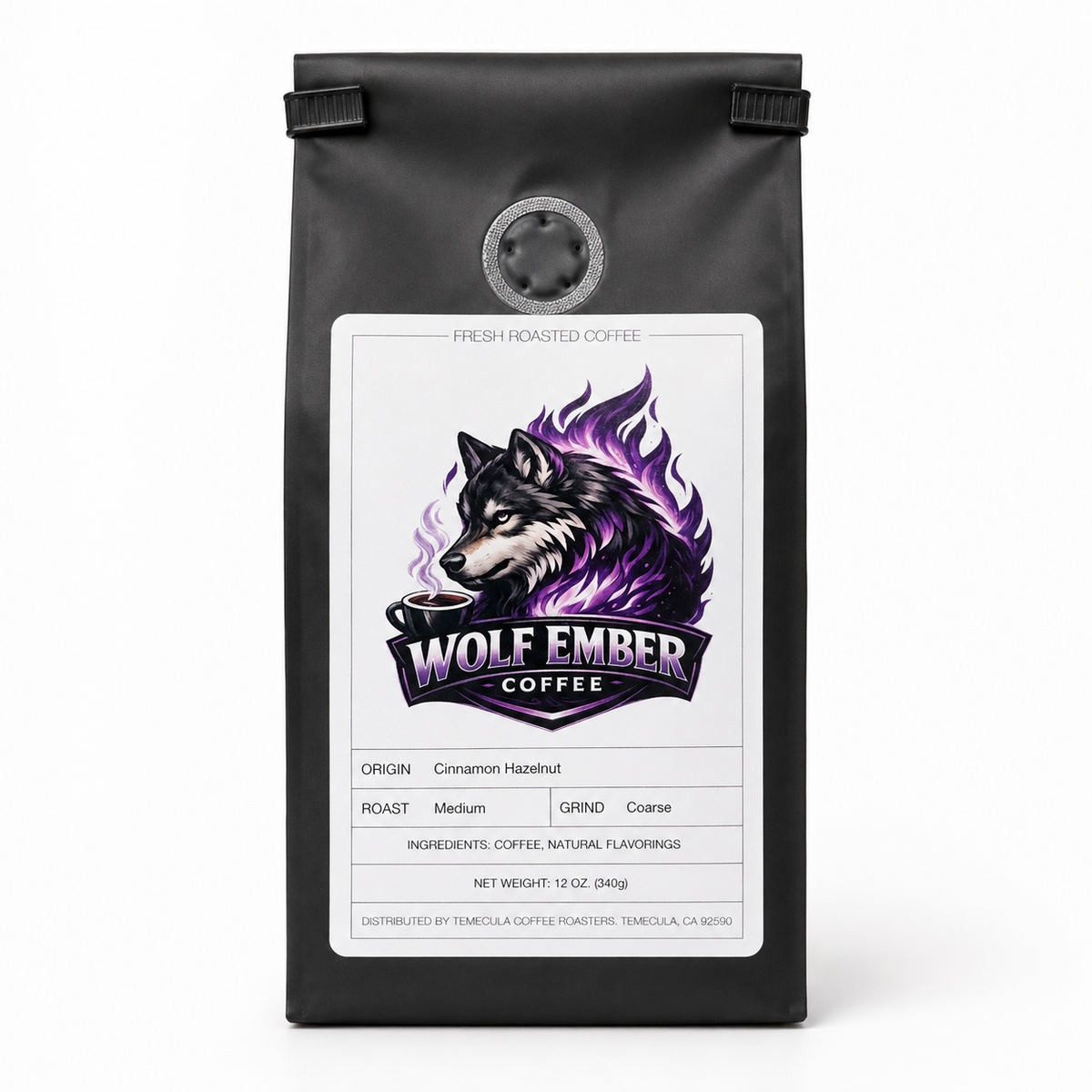 Wolf Ember Coffee Cinnamon Hazelnut flavored coffee, medium roast, coarse grind, 12 oz bag