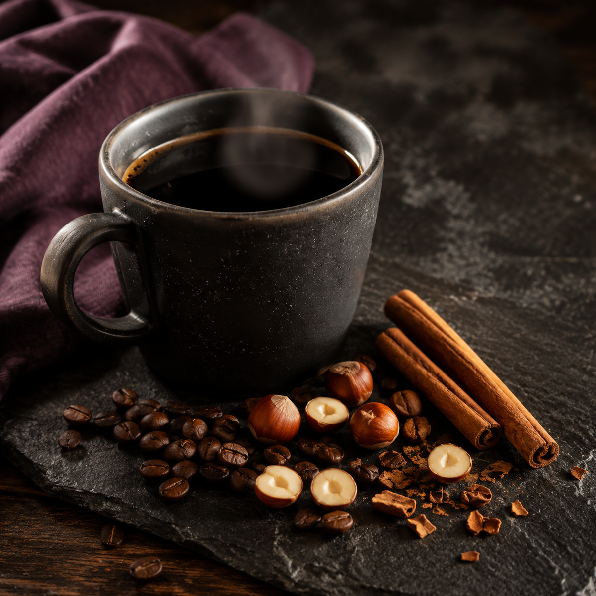 Wolf Ember Coffee Cinnamon Hazelnut medium roast with brewed coffee, cinnamon sticks, roasted hazelnuts, and coffee beans