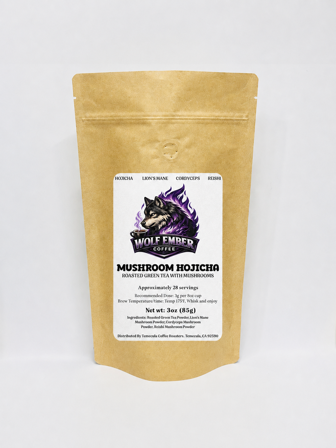 Wolf Ember Coffee Hojicha powder with Lion's Mane, Cordyceps, and Reishi mushrooms in a kraft pouch with a white label