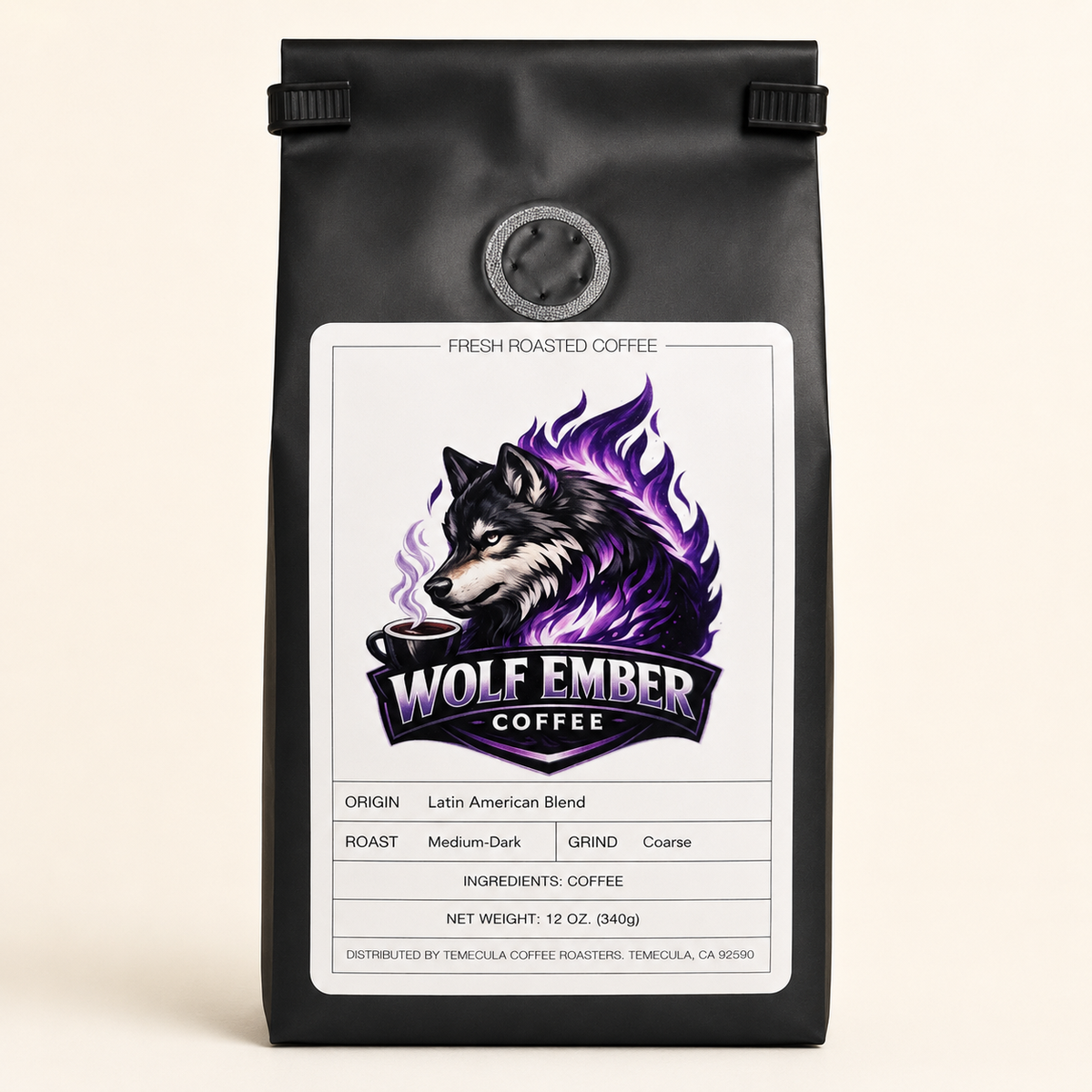 Wolf Ember Coffee Latin American Blend medium-dark roast, coarse grind, 12 oz bag