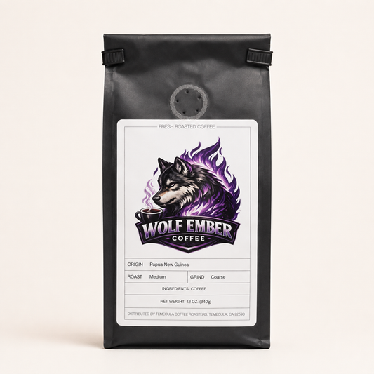 Wolf Ember Coffee Papua New Guinea medium roast, coarse grind, 12 oz bag