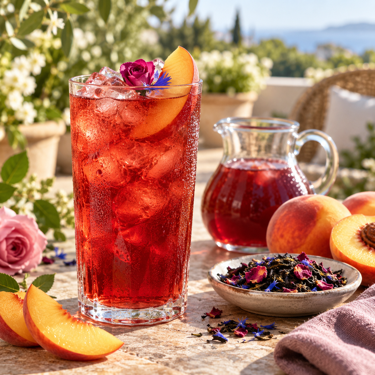 Wolf Ember Coffee Peach Paradise loose-leaf tea in a styled serving scene