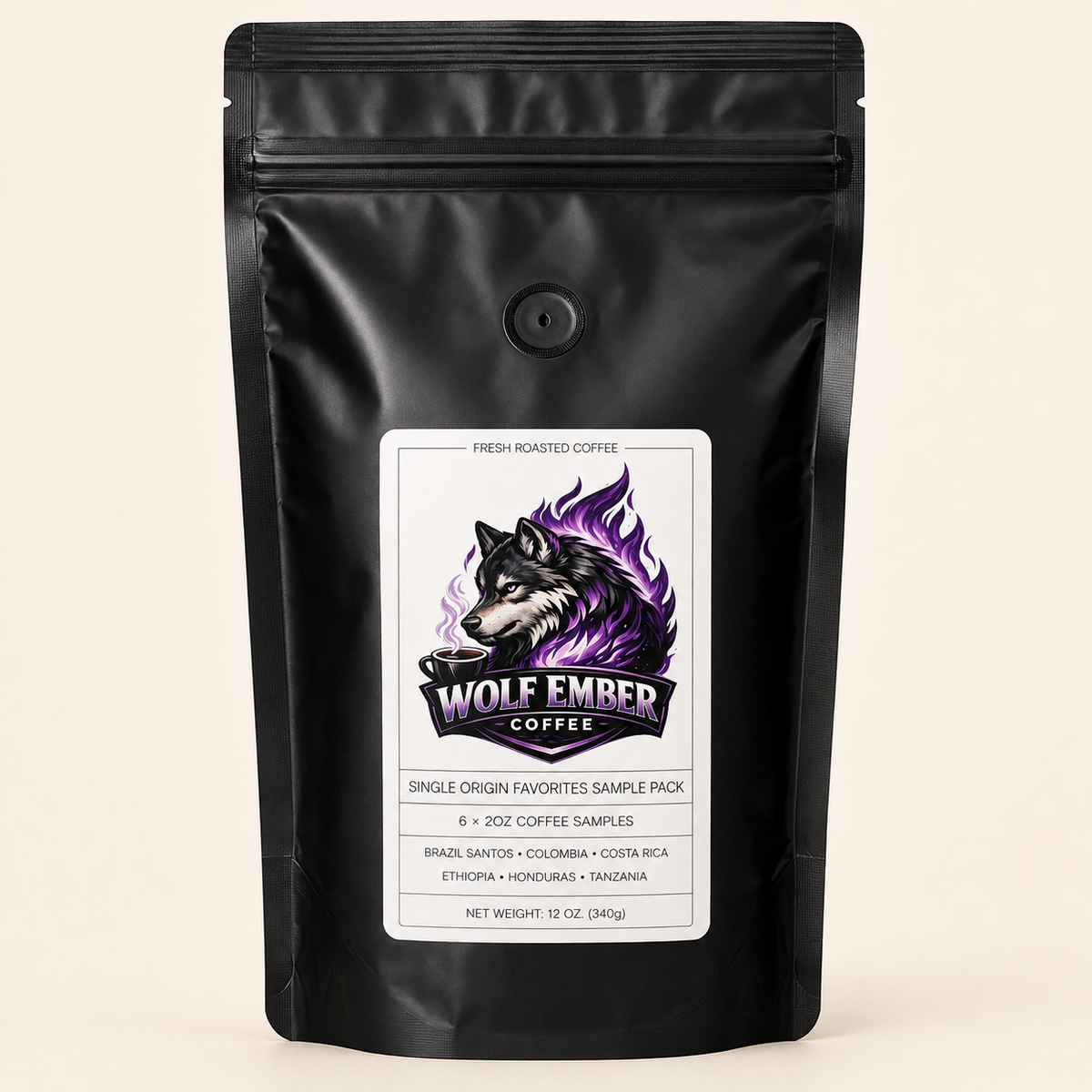 Wolf Ember Coffee Single Origin Favorites Sample Pack with six 2 oz coffee samples