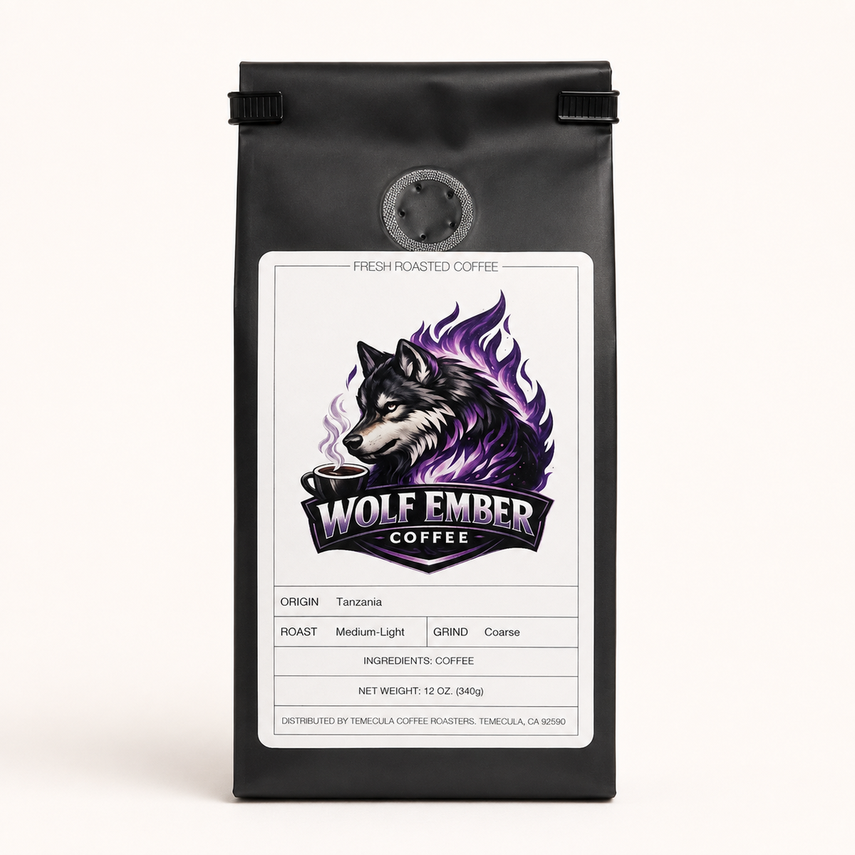 Wolf Ember Coffee Tanzania medium-light roast, coarse grind, 12 oz bag